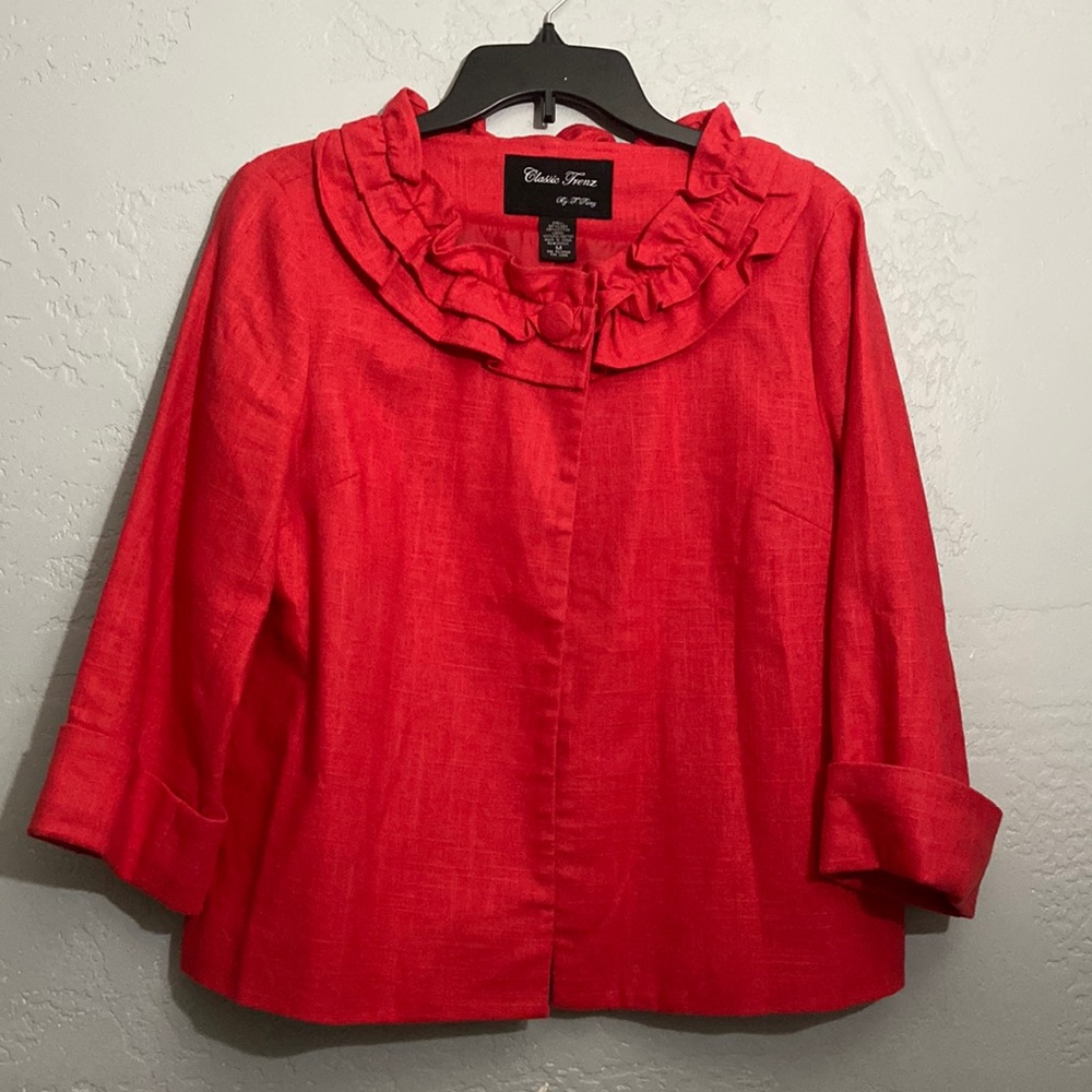 Classic Trenz Ruffle Neck Linen Blend Cape like Neck Button Open Jacket Blazer M